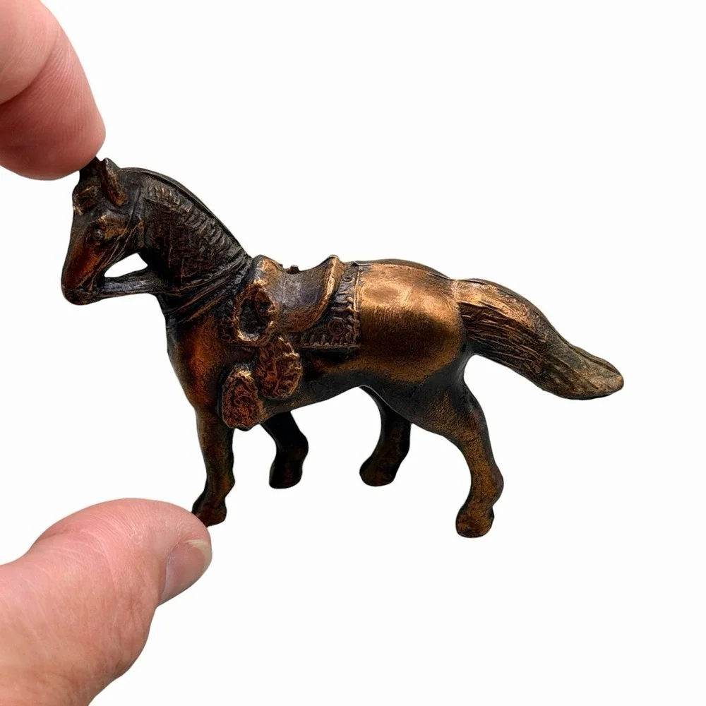 Vintage Miniature Saddled Horse Figurine Cast Metal Bronze Finish Western 3.5
